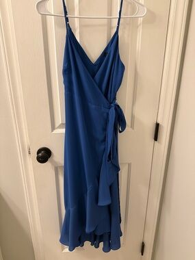 Blue Wrap Midi Dress with Ruffle Hem